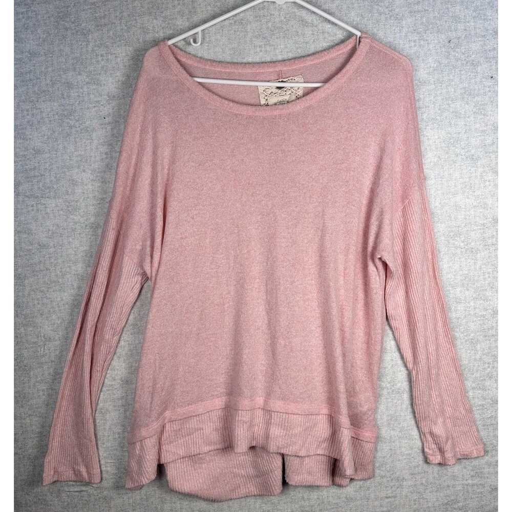 Cupio Blush Pink Sweater Womens Large Light Weight Ribbed Fitted Sleeves Cottage